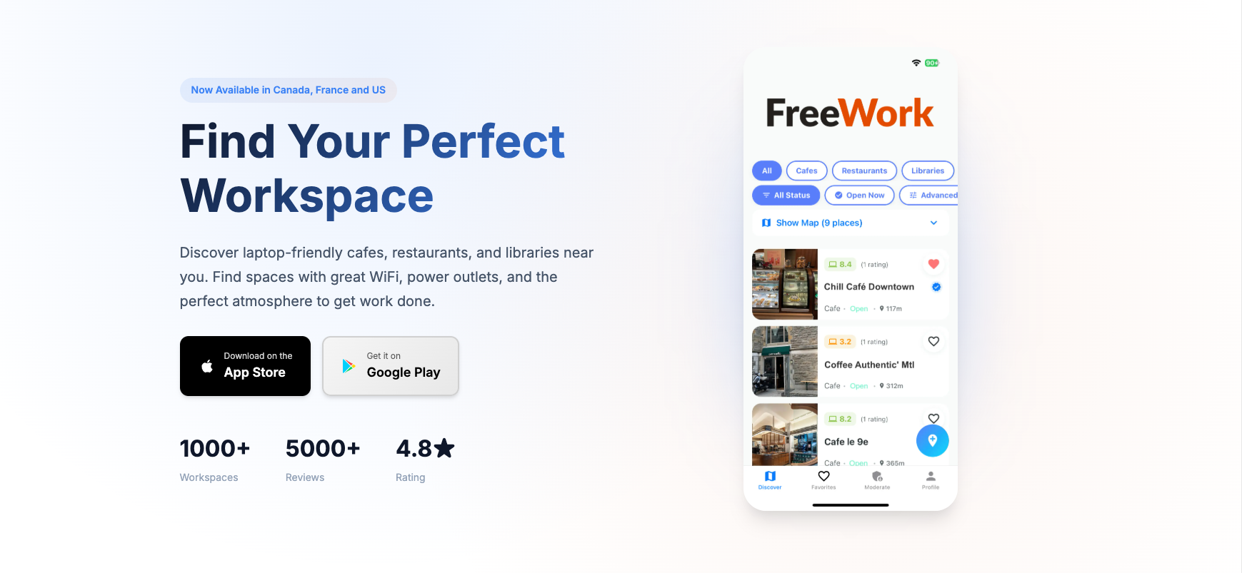FreeWork app screenshot showing workspace finder